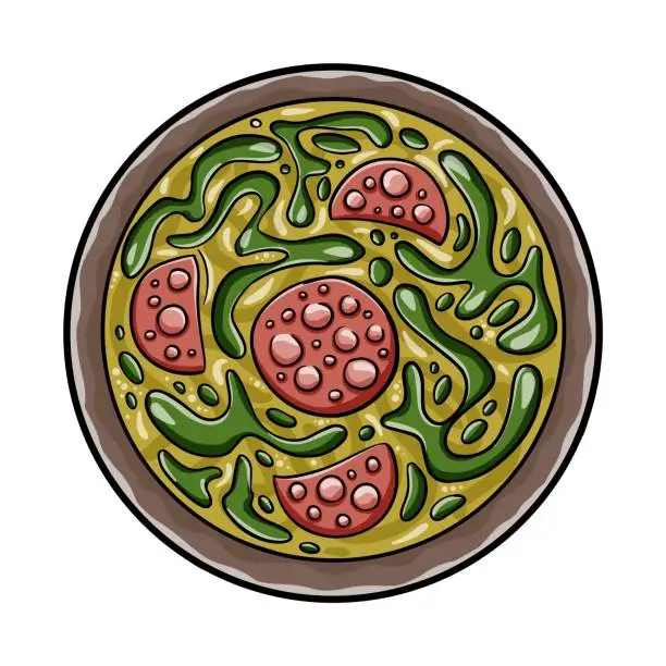 Vector illustration of Portuguese style soup called Caldo Verde, bread, Cabbage, oil, garlic and chorizo sausage