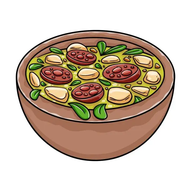 Vector illustration of Portuguese style soup called Caldo Verde, bread, Cabbage, oil, garlic and chorizo sausage