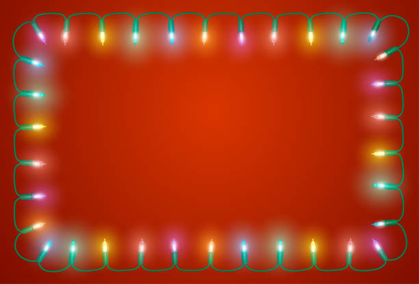 ilustrações, clipart, desenhos animados e ícones de foto realista sequência fluorescente multicolorida de luzes de natal sobre uma ilustração vetorial de fundo gradiente vermelho - foto realismo