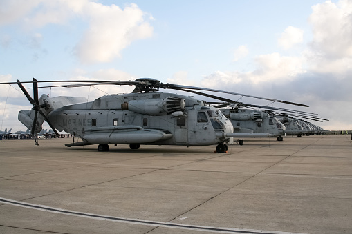 US Marines CH-53E Super Stallion military helicopters on their homebase at Miramar Air Station. Miramar, California, USA - October 15, 2016.