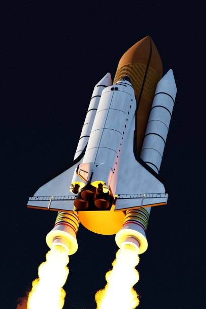istock Space shuttle flying in dark blue sky with stars. Launch of spaceship concept. 1446289715