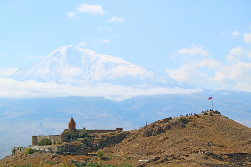 Spectacular View of Khor Virap Monastery with Snow Covered Ararat Mountain in the Backdrop, Artashat, Armenia