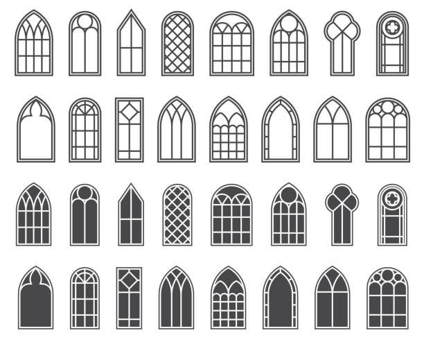 zestaw okien kościelnych. sylwetki gotyckich łuków w stylu liniowym i glifowym klasycznym. stare szklane ramy katedralne. średniowieczne elementy wnętrza. wektor - stained glass church window glass stock illustrations