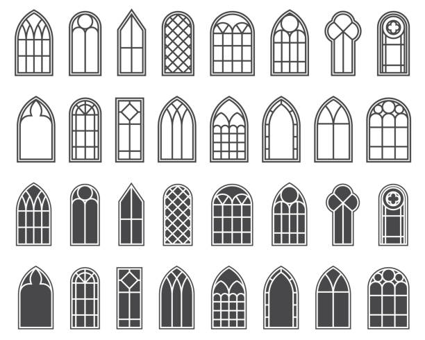 ilustrações, clipart, desenhos animados e ícones de janelas da igreja. silhuetas de arcos góticos em linha e estilo clássico glifo. velhas molduras de vidro da catedral. elementos interiores medievais. vetor - stained glass church window glass