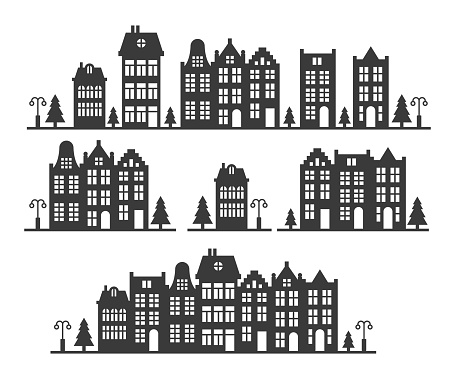 Silhouette of a row Amsterdam style houses. Facades of European old buildings for Christmas decoration. Vector illustration