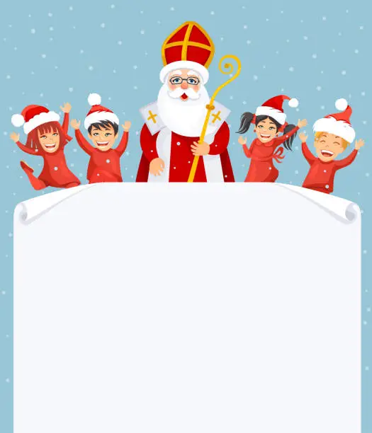 Vector illustration of Saint Nicholas and kids. Saint Nicholas. Cartoon character. Paper Scroll.