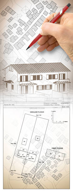 istock Architect drawing a residential building over an imaginary cadastral map of territory with buildings, fields, roads and land parcel - concept image 1446294825