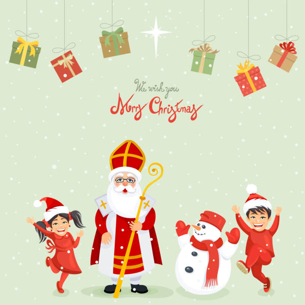 Saint Nicholas and kids. Saint Nicholas. Cartoon character. Saint Nicholas and kids. Saint Nicholas. Cartoon character. Christmas Santa Claus board design stock illustrations