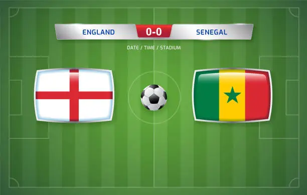 Vector illustration of England vs Senegal scoreboard broadcast template for sport soccer tournament 2022 and football championship round of 16 vector illustration