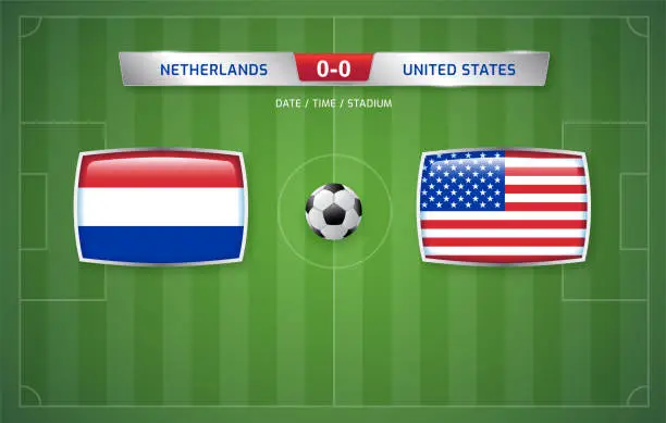 Vector illustration of Netherlands vs United States scoreboard broadcast template for sport soccer tournament 2022 and football championship round of 16 vector illustration