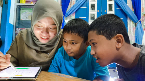 istock younger siblings learn to use ipad with older sister at home 1446301141