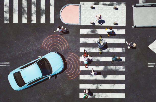 veicolo moderno con sensori assistiti dall'intelligenza artificiale per il movimento - mezzo di trasporto senza conducente foto e immagini stock