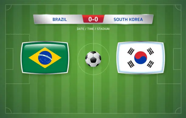 Vector illustration of Brazil vs South Korea scoreboard broadcast template for sport soccer tournament 2022 and football championship round of 16 vector illustration