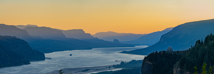 Early Morning Panorama of Vista House on Columbia River Gorge Historic Highway