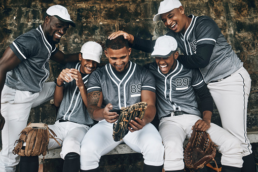 Baseball team, sports men or mobile smartphone with funny internet joke, social media meme or comic app. Smile, happy or laughing softball players with ball, mitt gloves and 5g technology for fitness