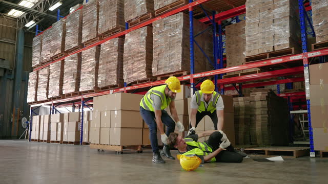accident occurred in the warehouse. Work risk concept, warehouse safety, protection