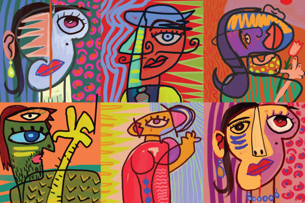 ilustraciones, imágenes clip art, dibujos animados e iconos de stock de colección de retratos de estilo cubista - cubismo