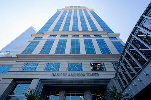Charlotte, NC, USA - June 18, 2022: Front view of the Bank of America Tower in Charlotte, North Carolina. The Bank of America Corporation is an American investment bank and financial services company.