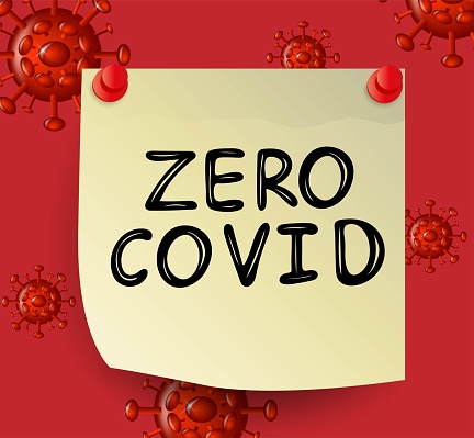 China zero COVID policy concept. Zero covid sign on red background with coronavirus bacterias. Vector illustration