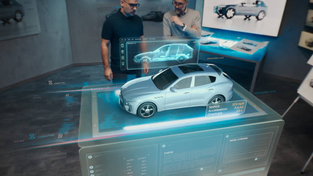 Car Design Developers using Car crash simulator stock photo