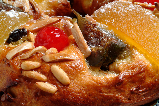 Traditional Portuguese Christmas holidays cake, Kings cake is a traditional seasonal epiphany food, close-up view.