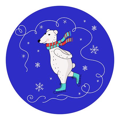 Polar white bear on skates. Cartoon Arctic animal. Polar Bear Day. Vector illustration.