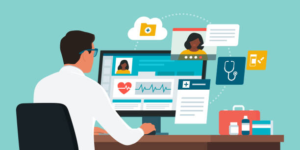 Doctor giving a consultation on video call Online doctor talking with a patient on a video call, he is giving a consultation and prescription medicine, telemedicine concept electronic medical record stock illustrations