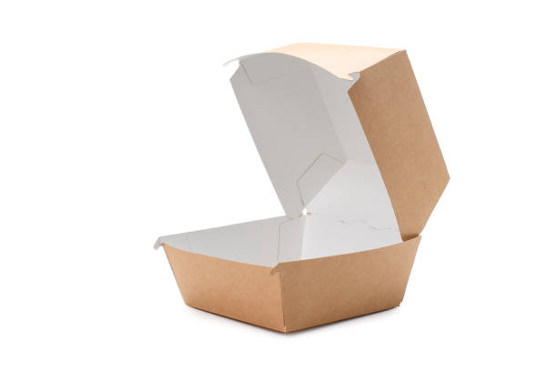 istock Open box for a big hamburger on a white background. Paper eco-friendly packaging for fast food 1446318099