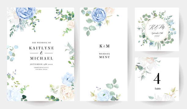 Dusty blue rose, white hydrangea, ranunculus, magnolia, eucalyptus, greenery, juniper, anemone vector design frames Dusty blue rose, white hydrangea, ranunculus, magnolia, eucalyptus, greenery, juniper, anemone vector design frames. Wedding seasonal flower cards. Floral watercolor composition.Isolated and editable blue roses stock illustrations