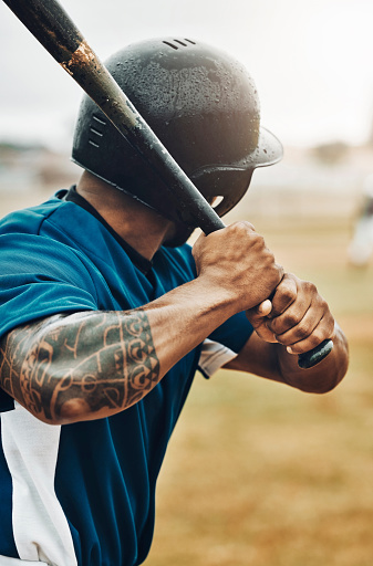 Baseball, bat and baseball player, sports game and fitness, strong and arm muscle, sport training and waiting on pitch. Black man, athlete and baseball field, exercise and ready for practice or match