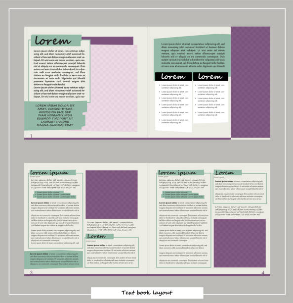 book text page layout template. creative paper spreadsheet design for magazine, booklet, flyer, brochure mock up with text blocks and space for image book text page layout template. creative paper spreadsheet design for magazine, booklet, flyer, brochure mock up with text blocks and space for image indesign templates stock illustrations