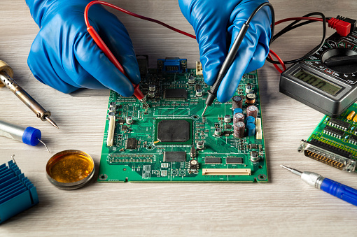 Services for the manufacture of electronics, testing the electronic board with a tester. Computer or electronics repair service