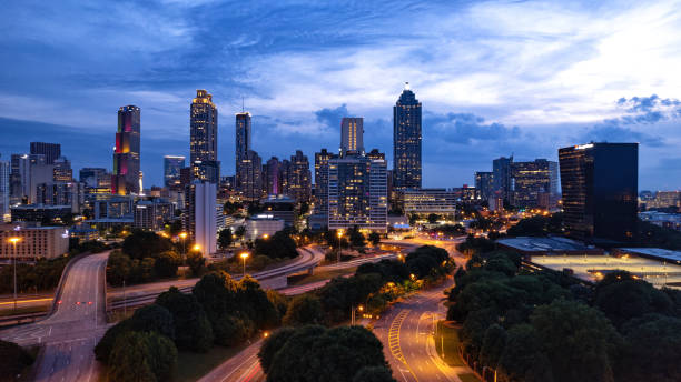 istock Atlanta buildings illuminated in the evening sky 1446326192