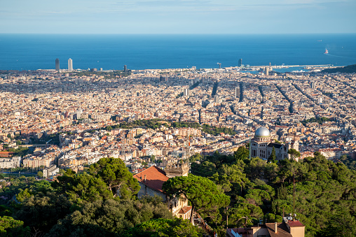 Barcelona, Catalonia / Spain - June 14, 2017: Panoramic view of Barcelona city in hot summer day