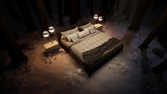 3d-rendering. A bed in an winter forest in a clearing among trees.