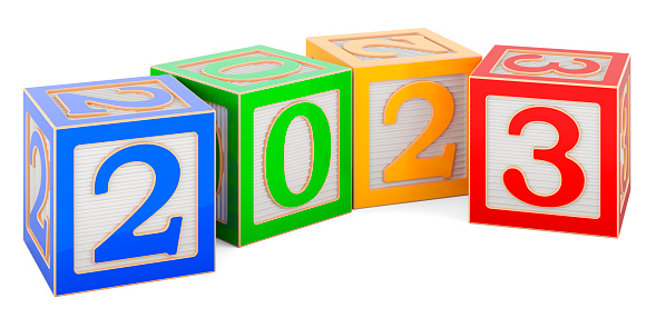 Happy New Year 2023 with alphabet wooden blocks concept, 3D rendering isolated on white background