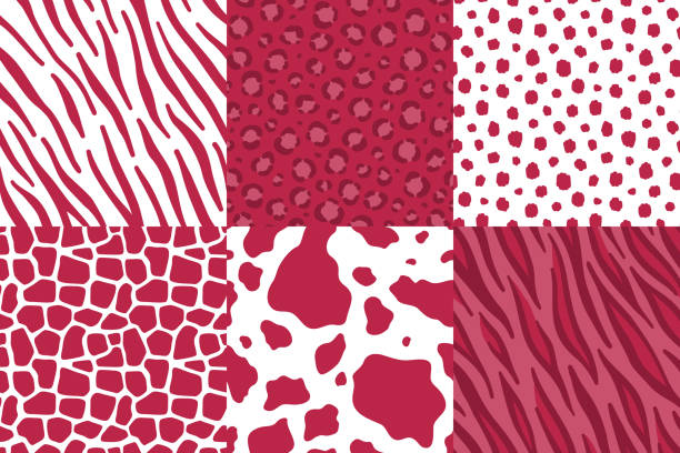 vector set of seamless patterns with animal skins. cheetah, leopard, zebra, tiger, cow, giraffe. viva magenta color of the year 2023 - viva magenta 幅插畫檔、美工圖案、卡通及圖標