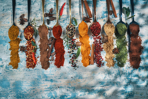 Variation of Spices Chili Powder, Cayenne Pepper, Turmeric, Cumin, and Mixed Pepper
