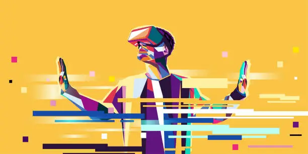 Vector illustration of Vector illustration of a man wearing virtual reality glasses. The concept of modern technology. In modern art style