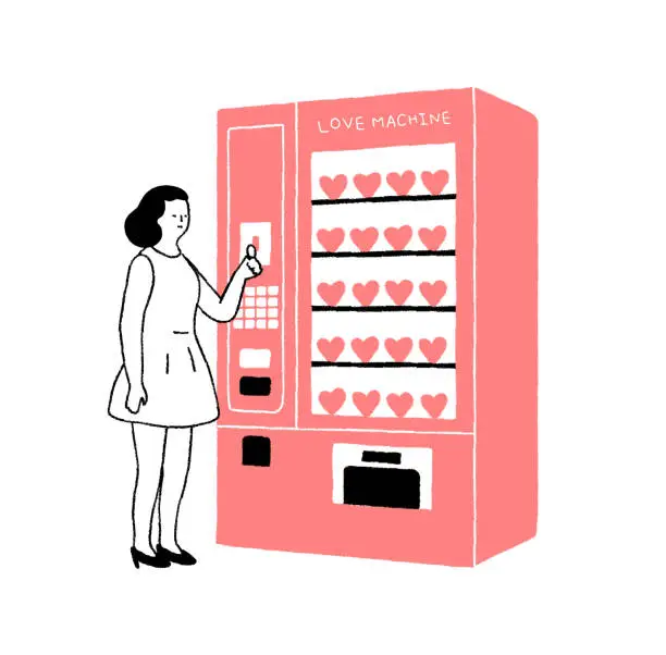 Vector illustration of Vector illustration of gaming machine with pink hearts. Woman using vintage vending machine with pink hearts. Hand drawn scribble art design for Valentine's Day greetings and card, web, banner, poster, print.