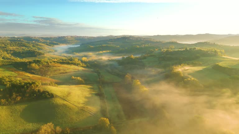 Foggy Tuscan landscape from Drone