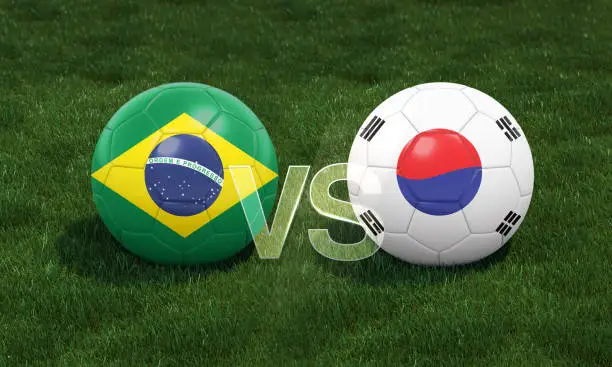 Football with Brazil vs. South Korea 3D ball soccer flags on green football field. 3D illustration.