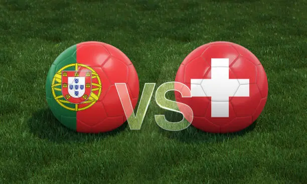 Football with Portugal vs. Switzerland 3D ball soccer flags on green football field. 3D illustration.