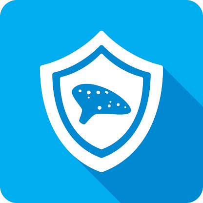 Vector illustration of a shield with ocarina icon against a blue background in flat style.