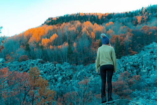 beautiful woman walking in the forest in autumn season climbs to the top of the mountain. She walks on yellowed and fallen leaves on a sunny day. Shot with a full frame camera.