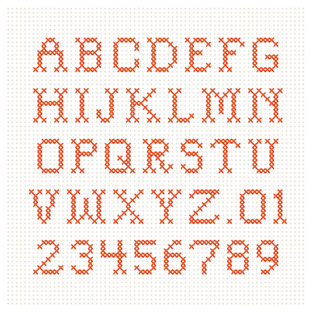 cross-stitch letters upper case alphabet and numbers in cross stitch. embroidery stock illustrations
