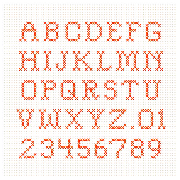 cross-stitch letters upper case alphabet and numbers in cross stitch. cross stitch font stock illustrations