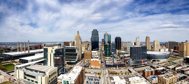 Aerial panorama of the downtown business district of Kansas City, Missouri skyline overlooking Crossroads and Power and Light districts of the city.
