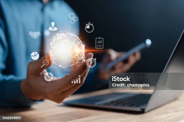 Businessman Using Computer Planning Development Leadership And Customer ...