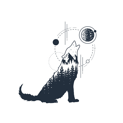 Hand drawn howling wolf textured vector illustration. Geometric style.
